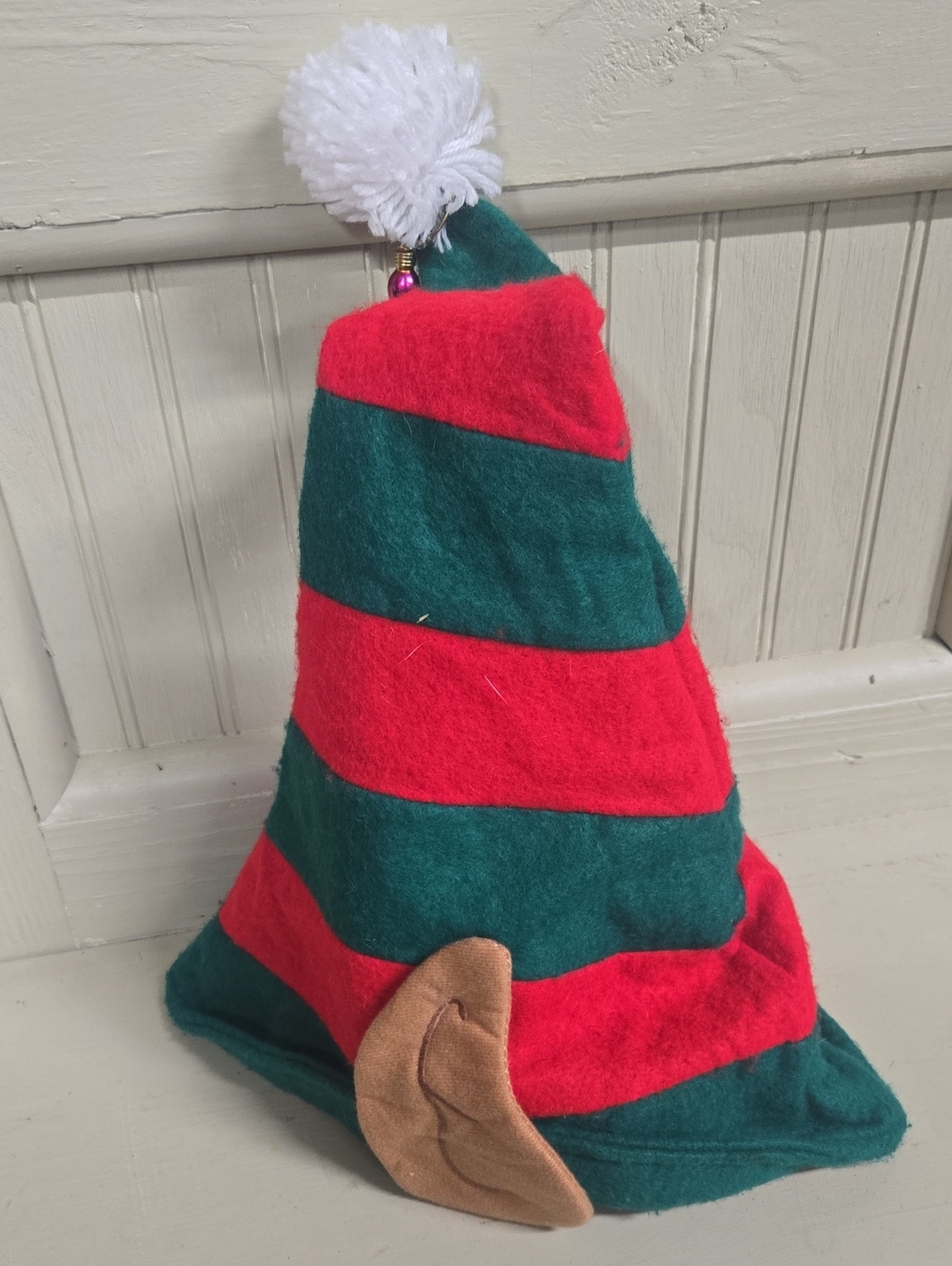 Green and Red Striped Elf Hat with Pom Pom